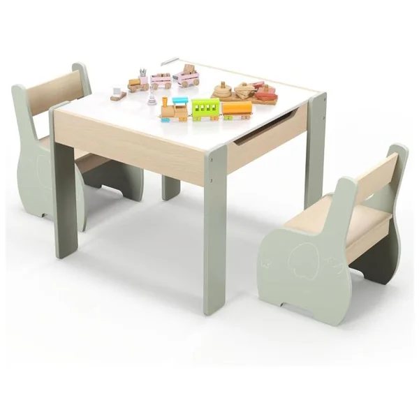 3 en 1 Ensemble Table et 2 Chaises Enfant Table d'Activité avec Tableau Noir Dossier Ergonomique Boîtes de Rangement Motif Éléphant 6 Couleurs au Choix