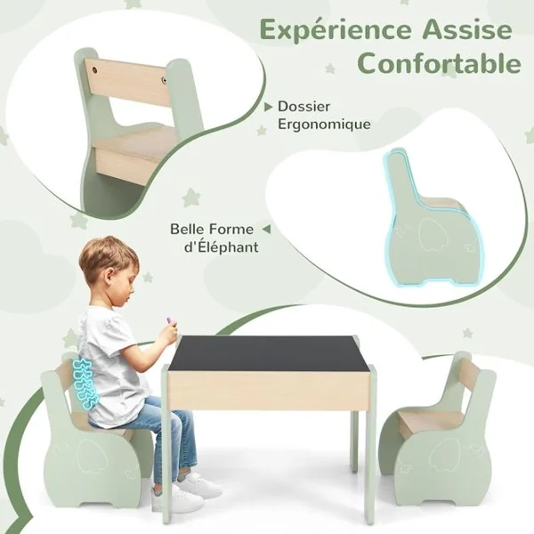 3 en 1 Ensemble Table et 2 Chaises Enfant Table d'Activité avec Tableau Noir Dossier Ergonomique Boîtes de Rangement Motif Éléphant 6 Couleurs au Choix