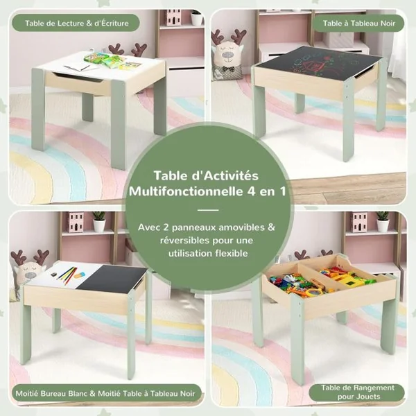 3 en 1 Ensemble Table et 2 Chaises Enfant Table d'Activité avec Tableau Noir Dossier Ergonomique Boîtes de Rangement Motif Éléphant 6 Couleurs au Choix