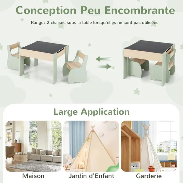3 en 1 Ensemble Table et 2 Chaises Enfant Table d'Activité avec Tableau Noir Dossier Ergonomique Boîtes de Rangement Motif Éléphant 6 Couleurs au Choix