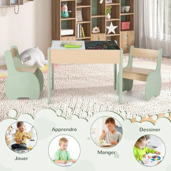 3 en 1 Ensemble Table et 2 Chaises Enfant Table d'Activité avec Tableau Noir Dossier Ergonomique Boîtes de Rangement Motif Éléphant 6 Couleurs au Choix