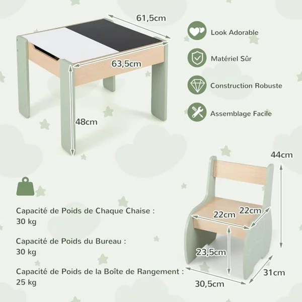 3 en 1 Ensemble Table et 2 Chaises Enfant Table d'Activité avec Tableau Noir Dossier Ergonomique Boîtes de Rangement Motif Éléphant 6 Couleurs au Choix