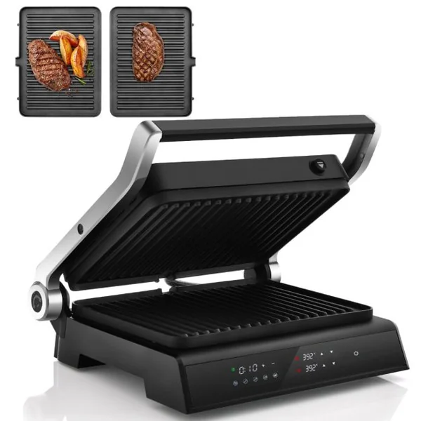 3 En 1 Grill Électrique 1200W Ouverture à 180 ° Affichage Led 5 Modes De Cuisson Automatique Poignée Froide Plaques Antiadhésives Amovible Compatibles L