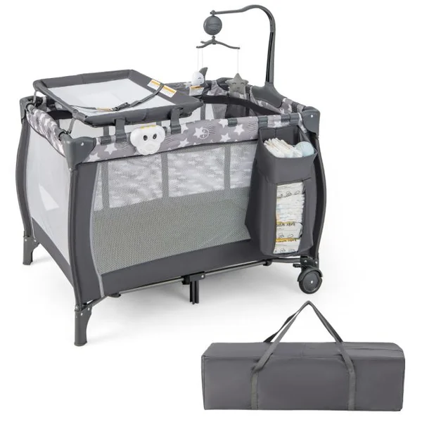 3 en 1 Lit Parapluie Bébé Matelas & Table à Langer Lit Bébé Evolutif avec Boîte à Musique 3 Jouets Sac de Transport pour 0-3 Ans Gris