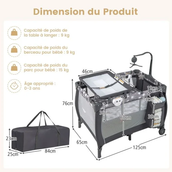 3 en 1 Lit Parapluie Bébé Matelas & Table à Langer Lit Bébé Evolutif avec Boîte à Musique 3 Jouets Sac de Transport pour 0-3 Ans Gris