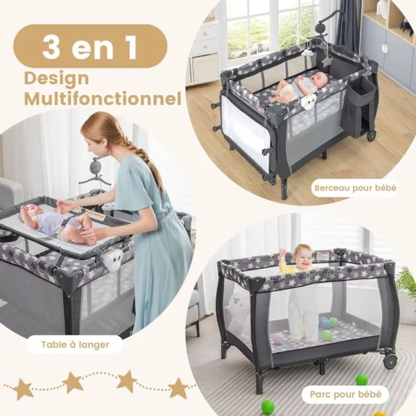 3 en 1 Lit Parapluie Bébé Matelas & Table à Langer Lit Bébé Evolutif avec Boîte à Musique 3 Jouets Sac de Transport pour 0-3 Ans Gris