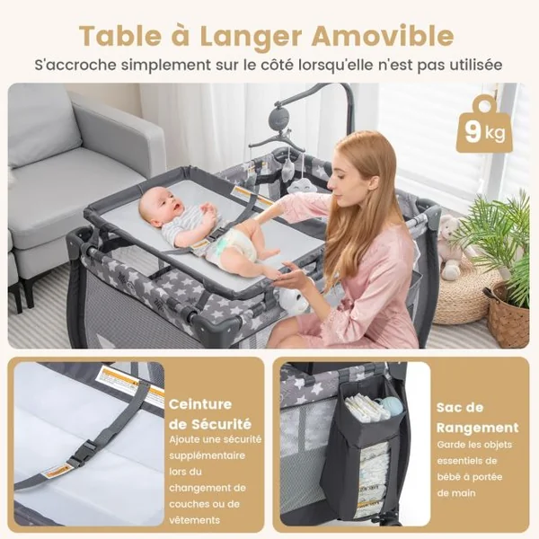 3 en 1 Lit Parapluie Bébé Matelas & Table à Langer Lit Bébé Evolutif avec Boîte à Musique 3 Jouets Sac de Transport pour 0-3 Ans Gris