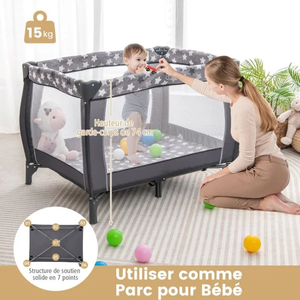 3 en 1 Lit Parapluie Bébé Matelas & Table à Langer Lit Bébé Evolutif avec Boîte à Musique 3 Jouets Sac de Transport pour 0-3 Ans Gris