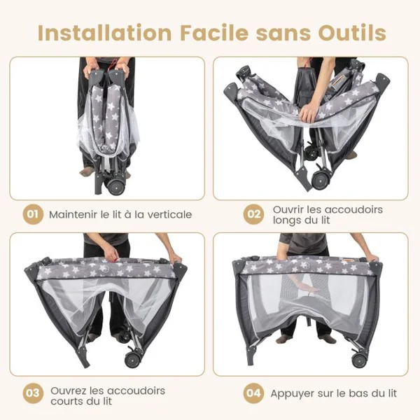 3 en 1 Lit Parapluie Bébé Matelas & Table à Langer Lit Bébé Evolutif avec Boîte à Musique 3 Jouets Sac de Transport pour 0-3 Ans Gris