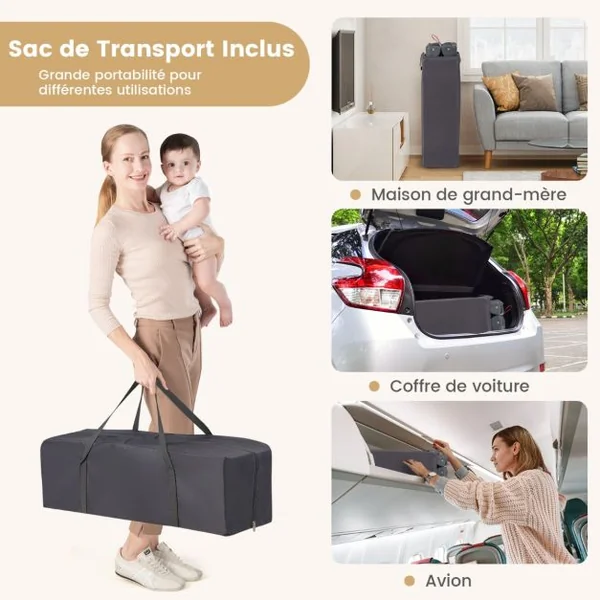 3 en 1 Lit Parapluie Bébé Matelas & Table à Langer Lit Bébé Evolutif avec Boîte à Musique 3 Jouets Sac de Transport pour 0-3 Ans Gris