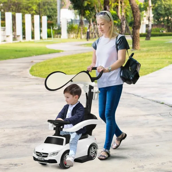 3 en 1 Mercedes Benz AMG Voiture à Pousser Enfants 1-3 Ans avec Poignée Parentale Voiture Porteur Bébé avec Espace de Stockage Charge 25kg Blanc