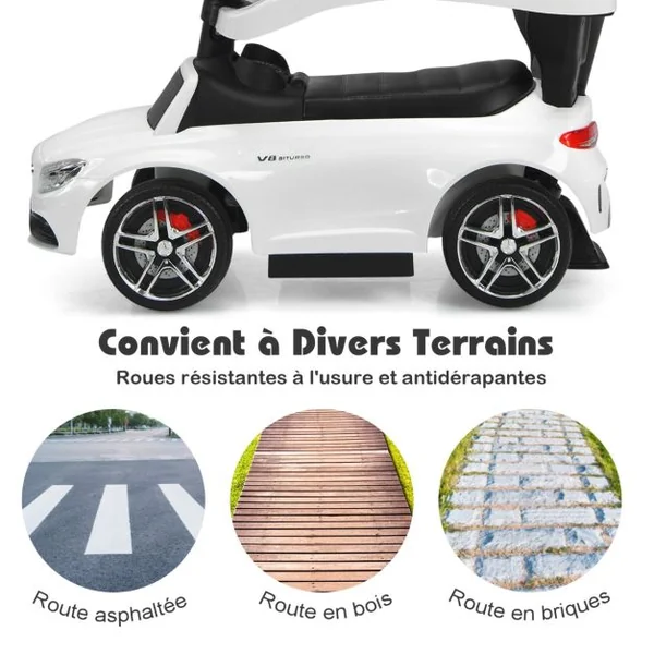 3 en 1 Mercedes Benz AMG Voiture à Pousser Enfants 1-3 Ans avec Poignée Parentale Voiture Porteur Bébé avec Espace de Stockage Charge 25kg Blanc