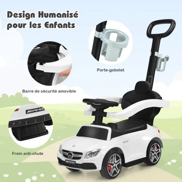 3 en 1 Mercedes Benz AMG Voiture à Pousser Enfants 1-3 Ans avec Poignée Parentale Voiture Porteur Bébé avec Espace de Stockage Charge 25kg Blanc