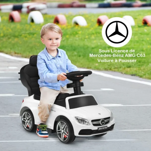 3 en 1 Mercedes Benz AMG Voiture à Pousser Enfants 1-3 Ans avec Poignée Parentale Voiture Porteur Bébé avec Espace de Stockage Charge 25kg Blanc