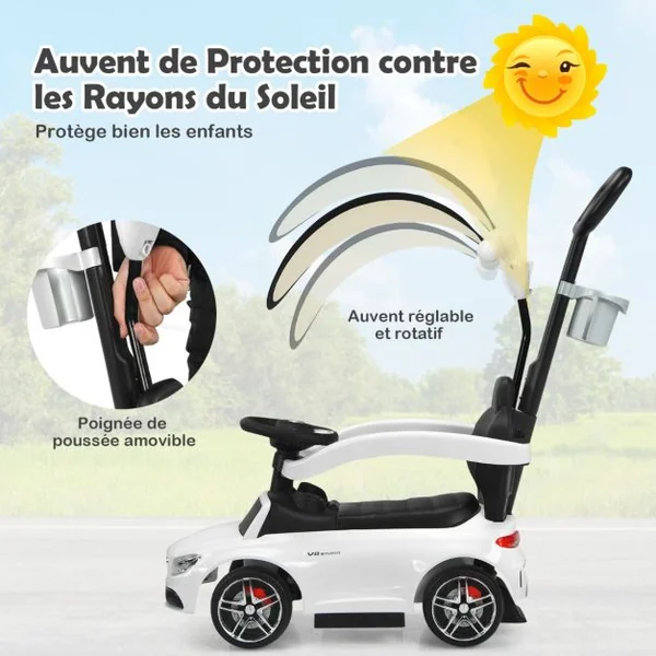 3 en 1 Mercedes Benz AMG Voiture à Pousser Enfants 1-3 Ans avec Poignée Parentale Voiture Porteur Bébé avec Espace de Stockage Charge 25kg Blanc