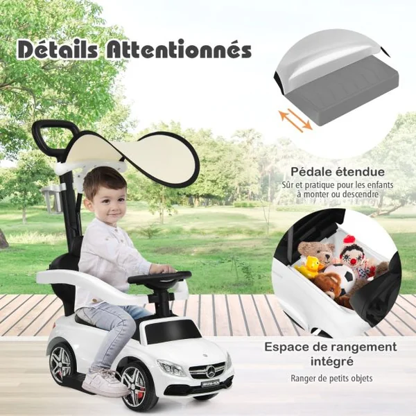 3 en 1 Mercedes Benz AMG Voiture à Pousser Enfants 1-3 Ans avec Poignée Parentale Voiture Porteur Bébé avec Espace de Stockage Charge 25kg Blanc