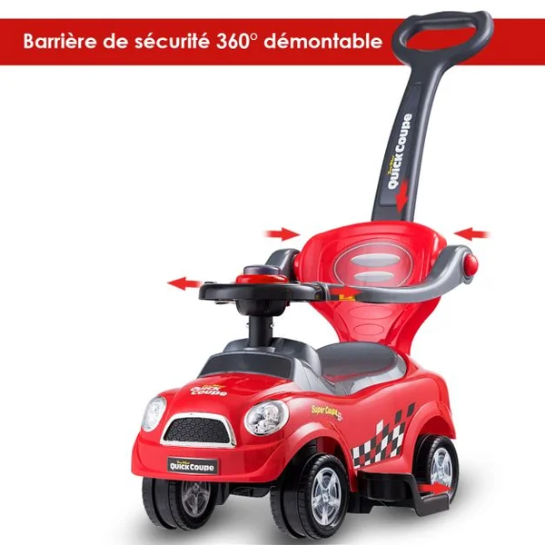 3 en 1 Porteur Enfants Voiture à Pousser avec Garde-corps Volant Espace de Rangement Klaxon Anti-basculement 2-6 AnsBleu/Rouge