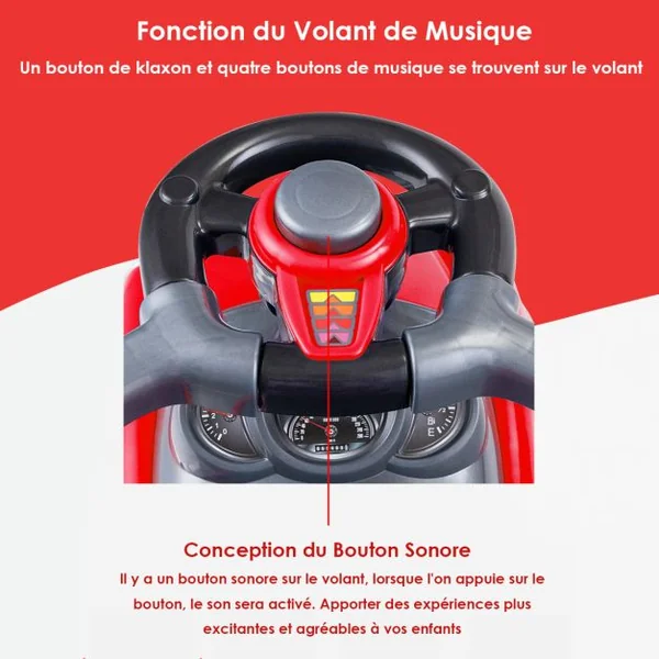 3 en 1 Porteur Enfants Voiture à Pousser avec Garde-corps Volant Espace de Rangement Klaxon Anti-basculement 2-6 AnsBleu/Rouge