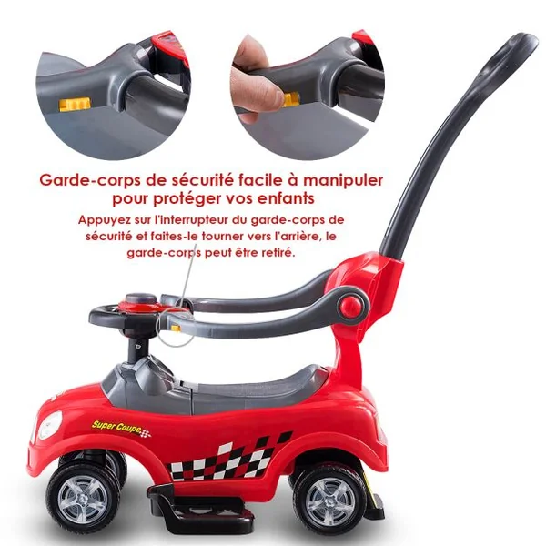3 en 1 Porteur Enfants Voiture à Pousser avec Garde-corps Volant Espace de Rangement Klaxon Anti-basculement 2-6 AnsBleu/Rouge
