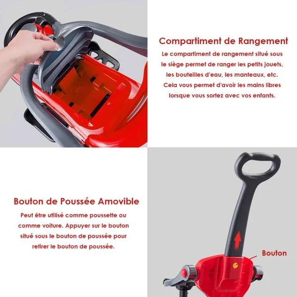 3 en 1 Porteur Enfants Voiture à Pousser avec Garde-corps Volant Espace de Rangement Klaxon Anti-basculement 2-6 AnsBleu/Rouge