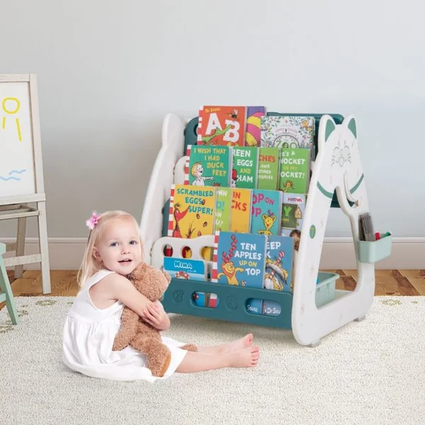 3 en 1 Tableau Chevalet Magnétique Enfant avec Tabouret Réglable en Hauteur Table enfant et Bibliothèques 1-5 Ans Bleu