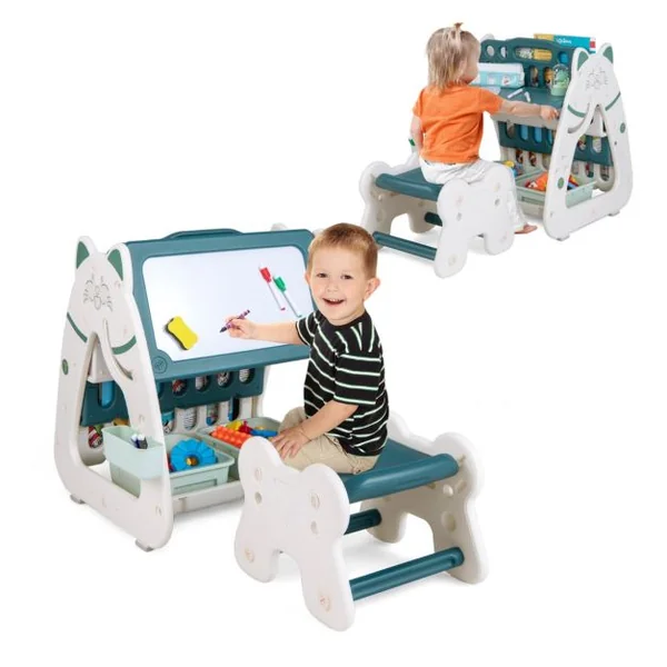 3 en 1 Tableau Chevalet Magnétique Enfant avec Tabouret Réglable en Hauteur Table enfant et Bibliothèques 1-5 Ans Bleu
