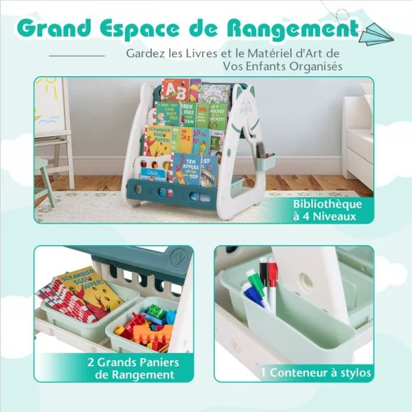 3 en 1 Tableau Chevalet Magnétique Enfant avec Tabouret Réglable en Hauteur Table enfant et Bibliothèques 1-5 Ans Bleu