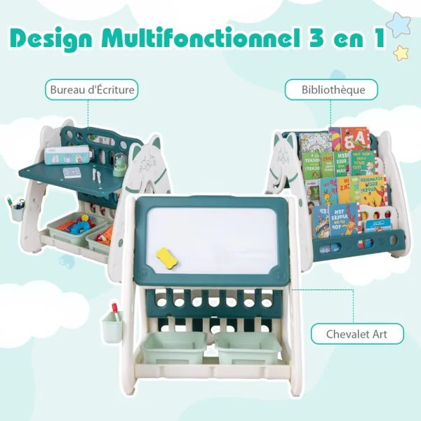 3 en 1 Tableau Chevalet Magnétique Enfant avec Tabouret Réglable en Hauteur Table enfant et Bibliothèques 1-5 Ans Bleu