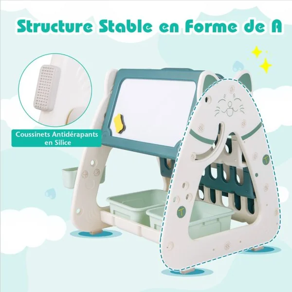3 en 1 Tableau Chevalet Magnétique Enfant avec Tabouret Réglable en Hauteur Table enfant et Bibliothèques 1-5 Ans Bleu