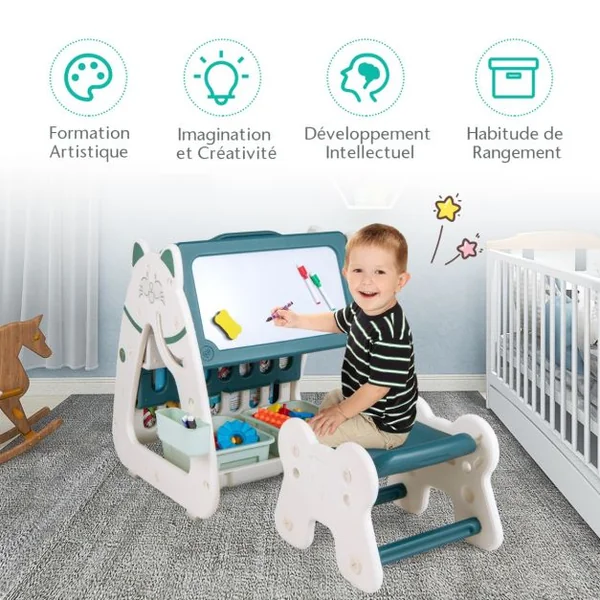 3 en 1 Tableau Chevalet Magnétique Enfant avec Tabouret Réglable en Hauteur Table enfant et Bibliothèques 1-5 Ans Bleu