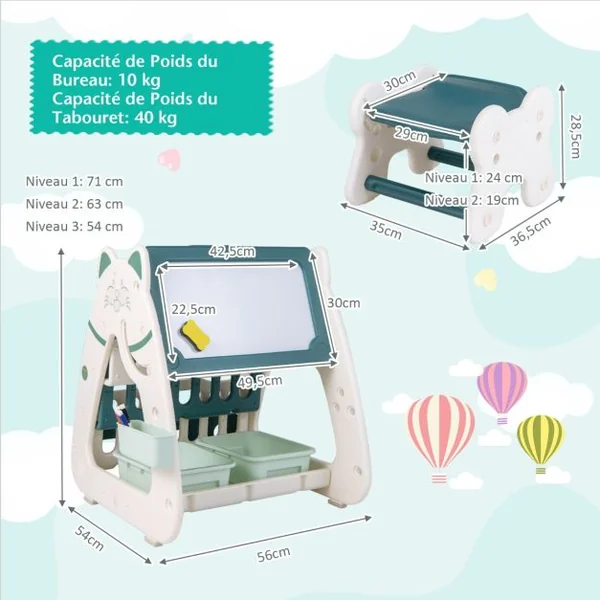 3 en 1 Tableau Chevalet Magnétique Enfant avec Tabouret Réglable en Hauteur Table enfant et Bibliothèques 1-5 Ans Bleu