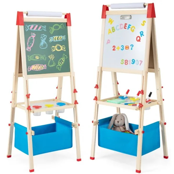 3 en 1 Tableau Enfant Double Face en Bois avec Rouleau de Papier & 60 Accessoires Chevalet Magnétique Hauteur Réglable Sac de Rangement pour 3-8 Ans Naturel Bleu