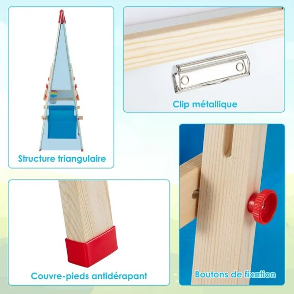 3 en 1 Tableau Enfant Double Face en Bois avec Rouleau de Papier & 60 Accessoires Chevalet Magnétique Hauteur Réglable Sac de Rangement pour 3-8 Ans Naturel Bleu