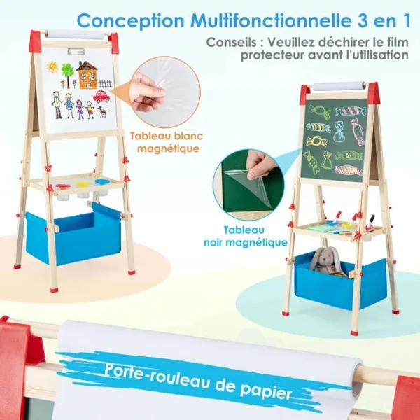 3 en 1 Tableau Enfant Double Face en Bois avec Rouleau de Papier & 60 Accessoires Chevalet Magnétique Hauteur Réglable Sac de Rangement pour 3-8 Ans Naturel Bleu