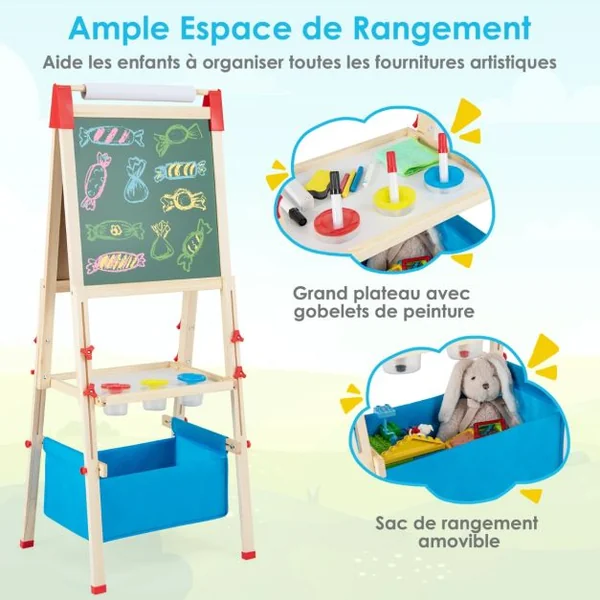 3 en 1 Tableau Enfant Double Face en Bois avec Rouleau de Papier & 60 Accessoires Chevalet Magnétique Hauteur Réglable Sac de Rangement pour 3-8 Ans Naturel Bleu