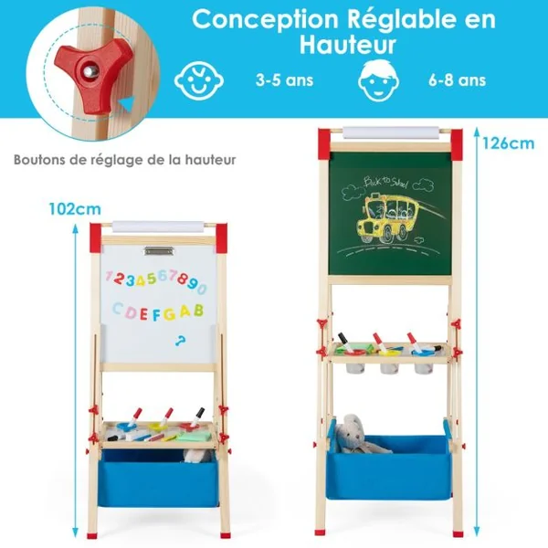 3 en 1 Tableau Enfant Double Face en Bois avec Rouleau de Papier & 60 Accessoires Chevalet Magnétique Hauteur Réglable Sac de Rangement pour 3-8 Ans Naturel Bleu