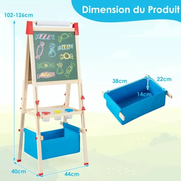 3 en 1 Tableau Enfant Double Face en Bois avec Rouleau de Papier & 60 Accessoires Chevalet Magnétique Hauteur Réglable Sac de Rangement pour 3-8 Ans Naturel Bleu