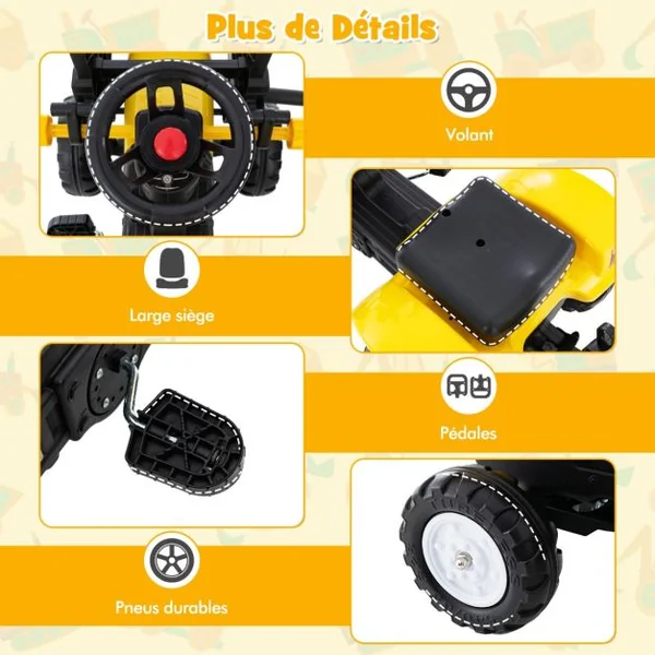 3 en 1 Tracteur pour Enfant avec 6 Roues Jouet Pelle Remorque Amovible avec Volant Klaxon 3 à 6 Ans Jaune/Vert/Rouge