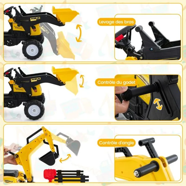 3 en 1 Tracteur pour Enfant avec 6 Roues Jouet Pelle Remorque Amovible avec Volant Klaxon 3 à 6 Ans Jaune/Vert/Rouge