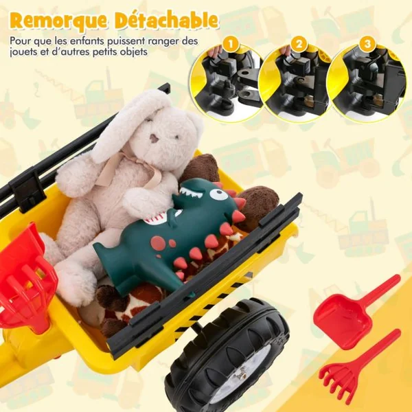 3 en 1 Tracteur pour Enfant avec 6 Roues Jouet Pelle Remorque Amovible avec Volant Klaxon 3 à 6 Ans Jaune/Vert/Rouge