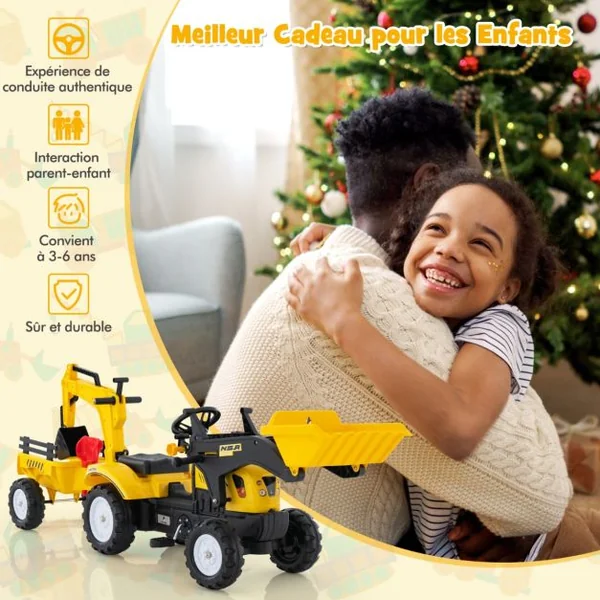 3 en 1 Tracteur pour Enfant avec 6 Roues Jouet Pelle Remorque Amovible avec Volant Klaxon 3 à 6 Ans Jaune/Vert/Rouge
