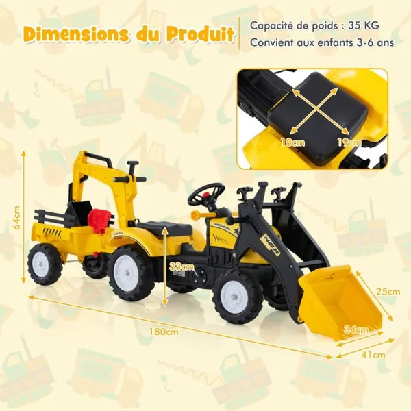 3 en 1 Tracteur pour Enfant avec 6 Roues Jouet Pelle Remorque Amovible avec Volant Klaxon 3 à 6 Ans Jaune/Vert/Rouge
