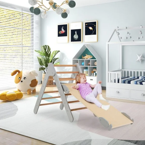 3 en 1 Triangle d'Escalade Enfant en Bois Rampe Double Face à Angle Réglable pour Grimper et Glisser Gris