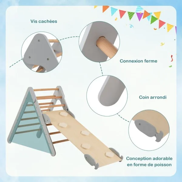 3 en 1 Triangle d'Escalade Enfant en Bois Rampe Double Face à Angle Réglable pour Grimper et Glisser Gris