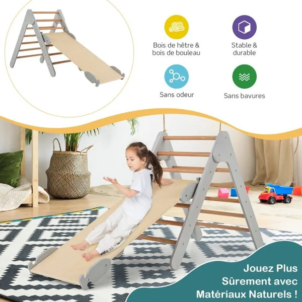 3 en 1 Triangle d'Escalade Enfant en Bois Rampe Double Face à Angle Réglable pour Grimper et Glisser Gris