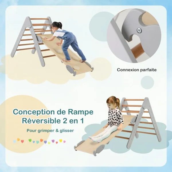 3 en 1 Triangle d'Escalade Enfant en Bois Rampe Double Face à Angle Réglable pour Grimper et Glisser Gris