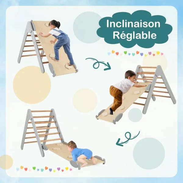 3 en 1 Triangle d'Escalade Enfant en Bois Rampe Double Face à Angle Réglable pour Grimper et Glisser Gris