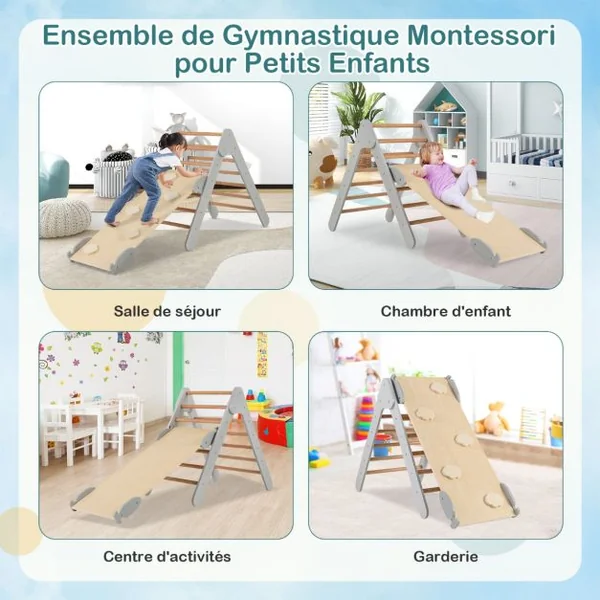 3 en 1 Triangle d'Escalade Enfant en Bois Rampe Double Face à Angle Réglable pour Grimper et Glisser Gris
