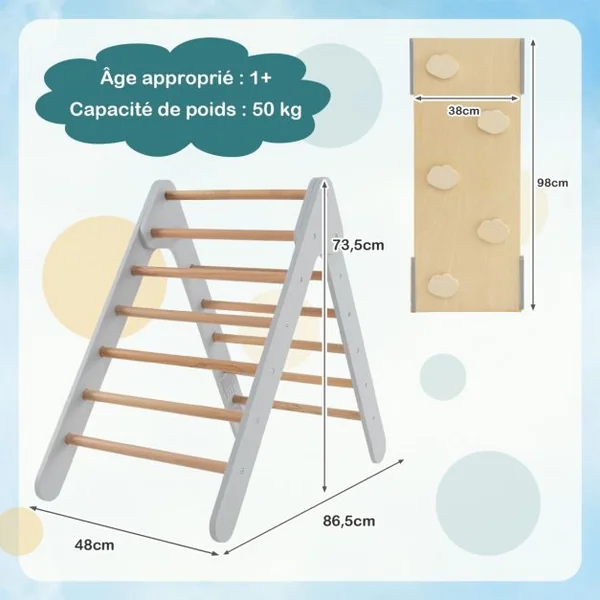 3 en 1 Triangle d'Escalade Enfant en Bois Rampe Double Face à Angle Réglable pour Grimper et Glisser Gris