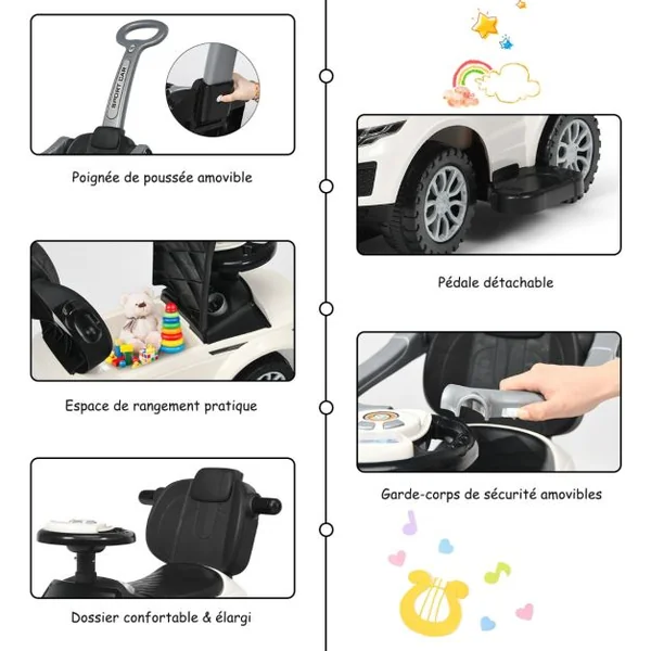 3 en 1 Voiture à Pousser Enfants de 1-3 Ans avec Poignée Amovible Voiture Porteur avec Lumières et Espace de Stockage Caché Charge 25kg Blanc